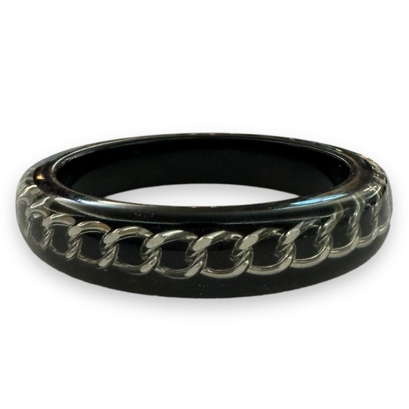 VINTAGE Clear/Black with Silver Chain Inlay Lucite Plastic Bangle Bracelet - Picture 3 of 4